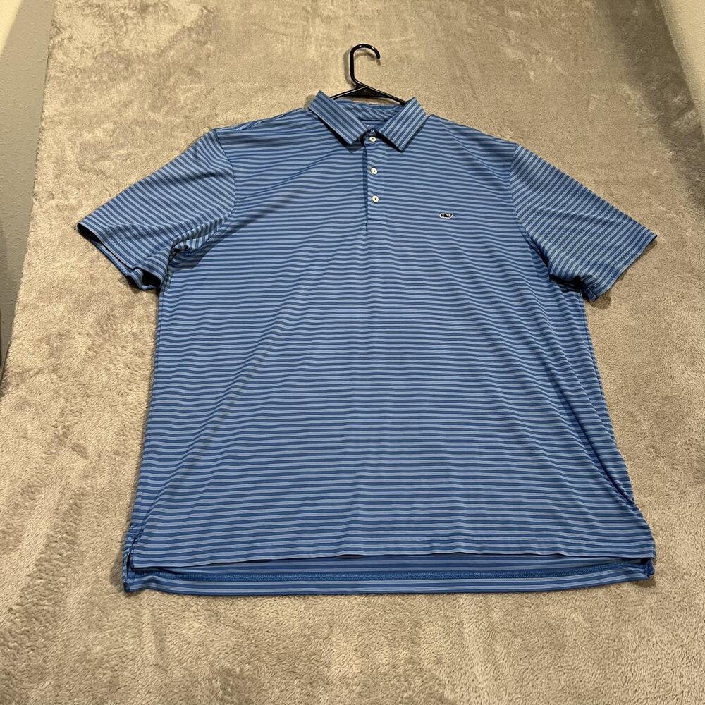 Vineyard Vines Polo Shirt Mens 2XL Blue Striped Performance Golf Whale Logo